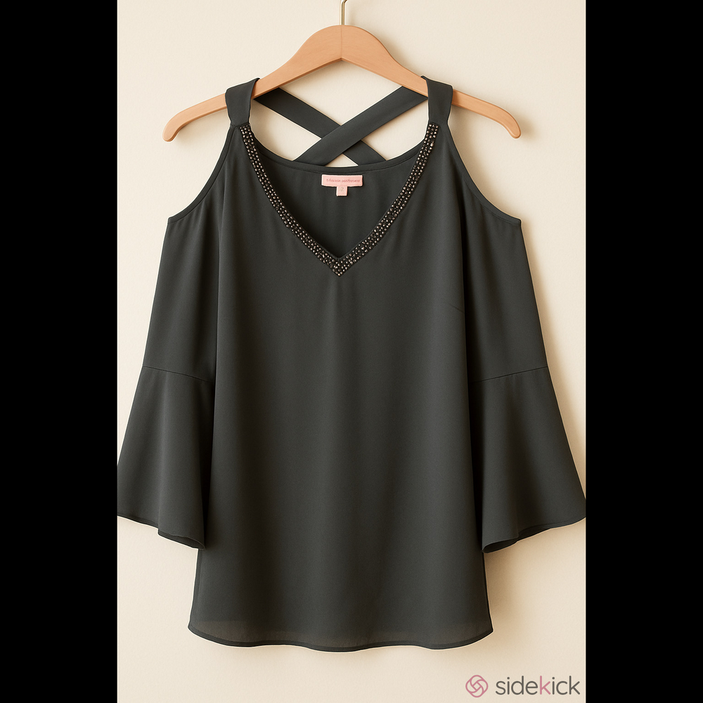 Juicy Couture forged iron gray cold shoulder rhinestone embellished V neck Large